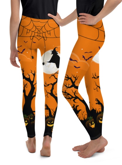 Spooky Orange Spider Web Witch Full Moon Halloween Leggings for Kids