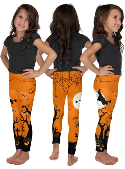 Spooky Orange Spider Web Witch Full Moon Halloween Leggings for Kids
